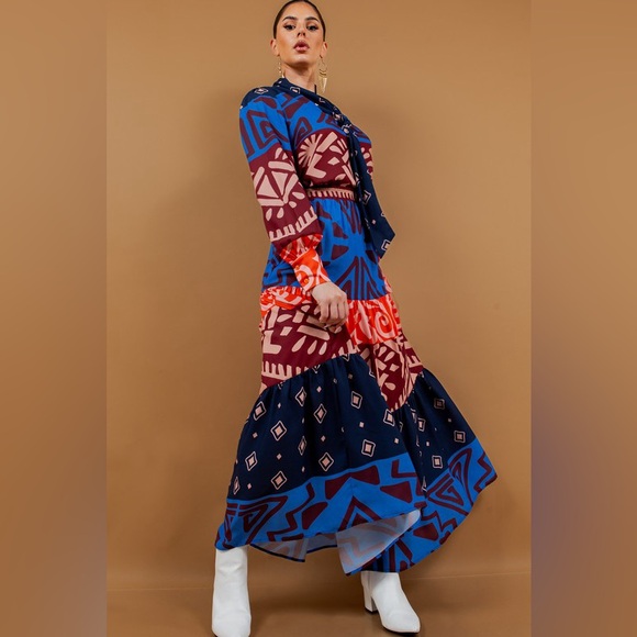 NWOT Bow Tie Blouse and Tiered Maxi Skirt Set in Multi Colors - Picture 3 of 8